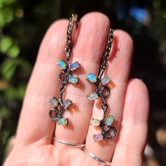 6 Opal floral vine drop sterling rhodium & gold Earrings STUNNING! - Picture 6 of 6